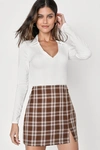 Lulus Cutest Lesson Brown Plaid High-rise Mini Skirt In Brown