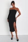 Lulus Modern Stunner Black One-shoulder Bodycon Midi Dress In Black