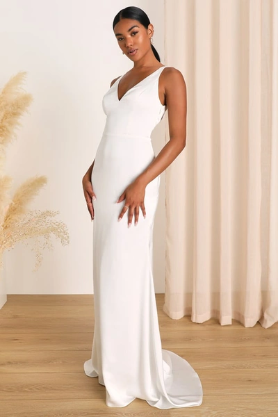 Lulus Polished Perfection White Satin Sleeveless Mermaid Maxi Dress