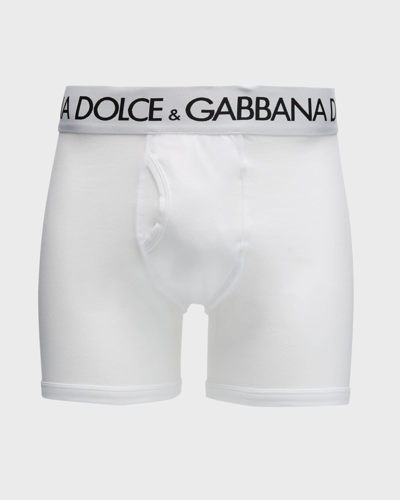 Dolce & Gabbana Men's Waistband-logo Long Boxer Briefs In Bianco Ottico