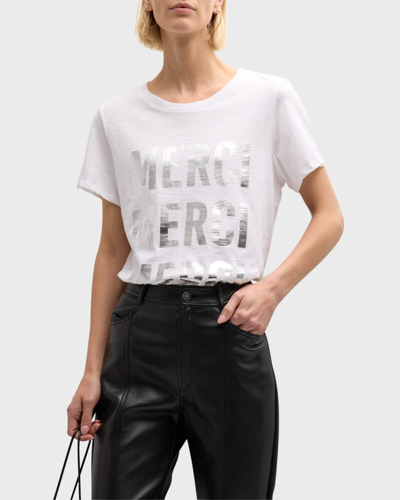 Cinq À Sept Foiled Merci Short-sleeve Cotton T-shirt In White/silver