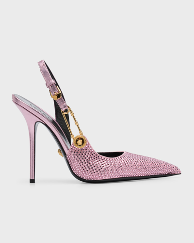 Versace Safety Pin Crystal Pointy Toe Slingback Pump In Pale Pink