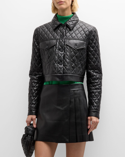 Alice And Olivia Chloe Vegan Leather Quilted Boxy Crop Jacket In Black