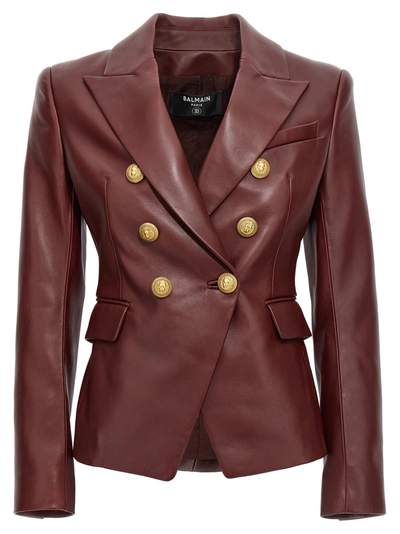 Balmain 6 Btn Dtl Leather Blazer Jacket In Bordeaux