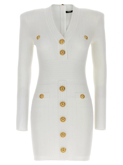Balmain Button Embellished Fine Knit Dress In White