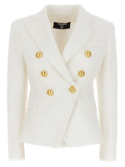 Balmain 6 Btn Double Breasted Tweed Jacket In White