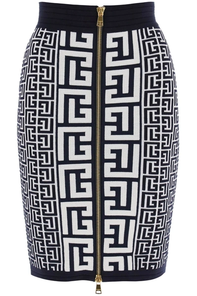 Balmain Pencil Skirt In Monogram Knit In Ivory Black