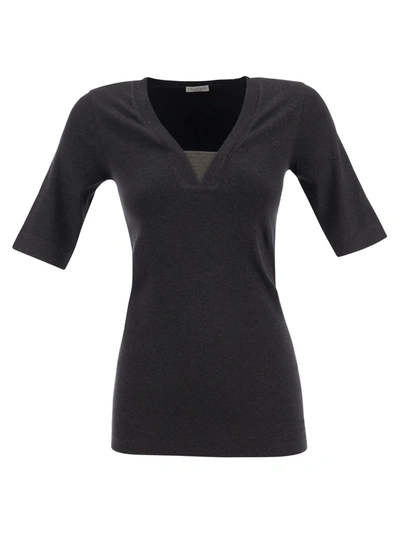 Brunello Cucinelli Stretch Cotton Rib Jersey T-shirt With Precious Insert In Anthracite