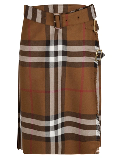 Burberry Belted Waist Pleated Rear Check Skirt In Dark Birch Brown