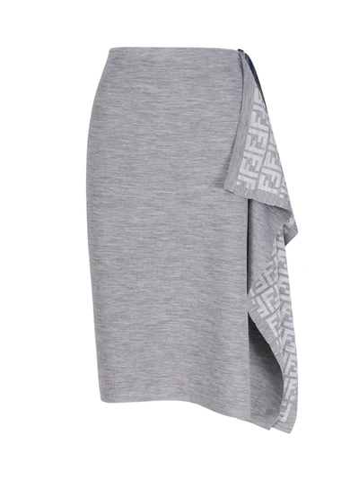 Fendi Logo Pattern Midi Drape Wool Skirt In Grey
