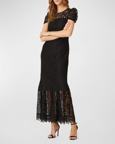 Shoshanna Puff-sleeve Flounce Lace Gown In Jet