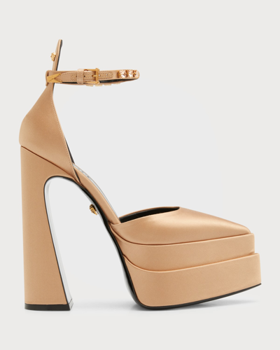 Versace 160mm La Medusa Platform Point Toe Mary Jane Satin In Pale Nude-