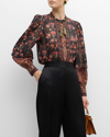 Kobi Halperin Laurena Floral-print Burnout Pintuck Blouse In Black Multi