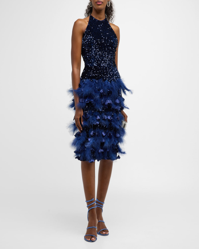 Helsi Nadia Feather-trim Sequin Halter Midi Dress In Sapphire