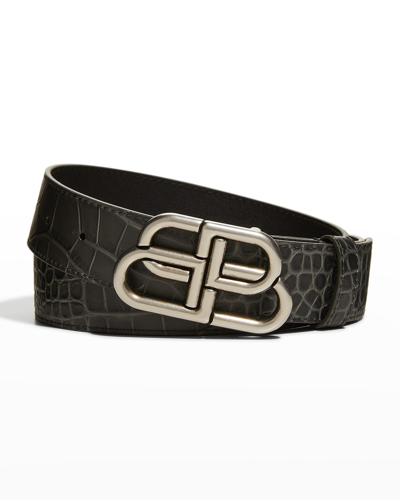 Balenciaga 2.8cm Bb Logo Croc Embossed Leather Belt In Dark Grey
