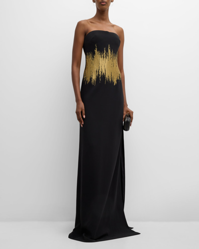 Koltson Metallic Embroidered Waist Strapless Cady Bustier Gown In Black