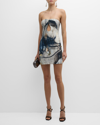 KOLTSON ABSTRACT-PRINT DOUBLE-CREPE STRAPLESS BUSTIER MINI DRESS