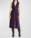 HALSTON KIERAN FLORAL SLEEVELESS PLEATED TIE-BELT MIDI DRESS