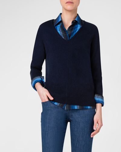 Akris V-neck Long-sleeve Cashmere Sweater In Navy