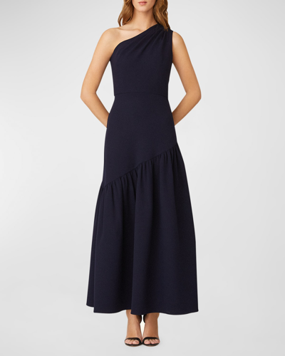 Shoshanna One-shoulder Stretch Crepe Gown In Navy