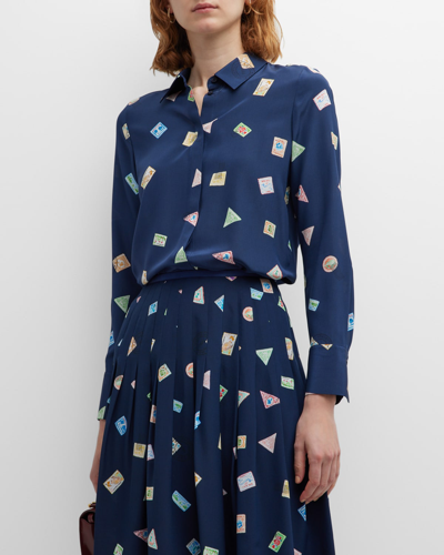 Lafayette 148 Scottie Postage Stamp Print Silk Button-up Shirt In Midnight Blue