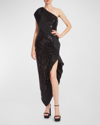 ONE33 SOCIAL ONE-SHOULDER SEQUIN RUFFLE HIGH-LOW GOWN