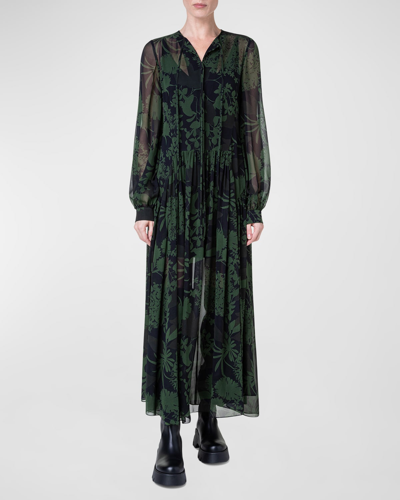 Akris Abraham Flower-print Gathered Silk Georgette Maxi Dress In Moss