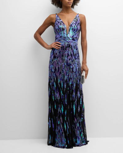 Dress The Population Black Label Samira Deep V-neck Sequin Degrade Gown In Violet Multi