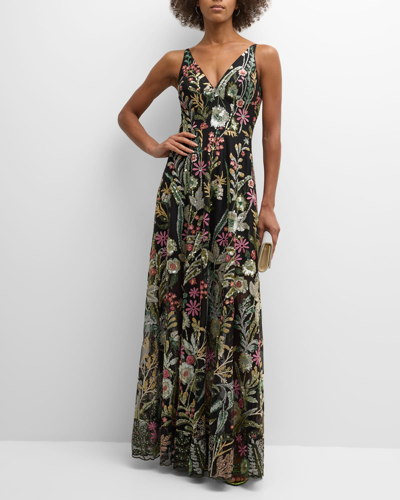 Dress The Population Black Label Ariyah Sleeveless Floral Sequin Gown In Black Multi