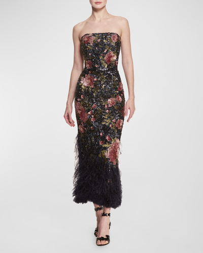 Marchesa Floral Print Sequin Embroidered Column Gown With Feather Trim In Navy