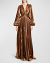 ZUHAIR MURAD PLUNGING METALLIC LAME PLEATED LONG-SLEEVE GOWN
