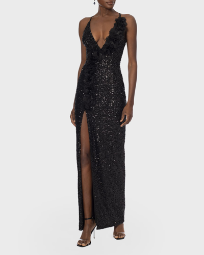 Helsi Delia Floral Applique Sequin Column Gown In Black