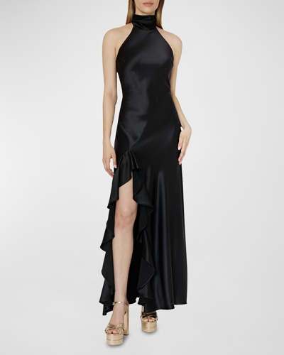 Milly Roux Ruffle Satin Halter Gown In Black