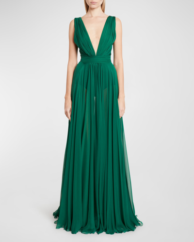 zuhair murad chiffon pleated silk dress Zuhair Murad Plunging Long-Sleeve Lace Pleated Chiffon Gown