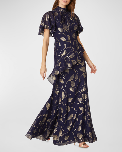 Shoshanna Leaf Fil Coupe Flutter-sleeve Gown In Navy Gold