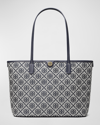 Tory Burch Small T Monogram Cotton Zip Tote Bag In Tory Navy