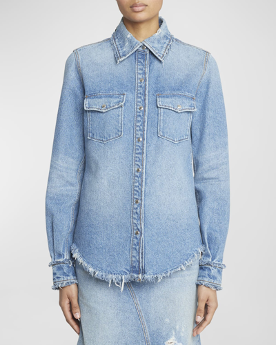Chloé Frayed-edge Recycled Denim Collared Shirt In Neutral