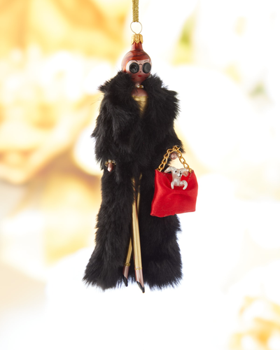 Neiman Marcus Fashionista With Black Faux Fur Coat & Dog Christmas Ornament