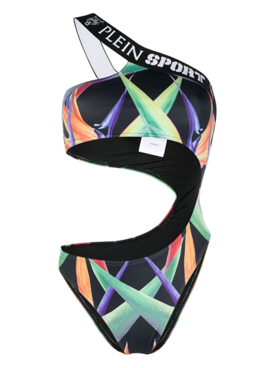 Plein Sport Graphic-print One-shoulder Swimsuit In Black