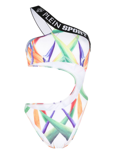 Plein Sport Graphic-print One-shoulder Swimsuit In White