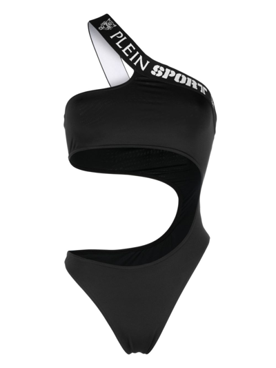 Plein Sport Logo-tape One-shoulder Swimsuit In Black