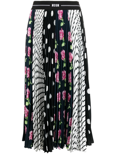 Msgm Mix-print Pleated Long Skirt In Black