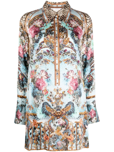 Camilla Graphic-print Silk Shirtdress In 蓝色