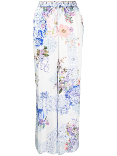 Camilla Graphic-print Silk Trousers In 白色