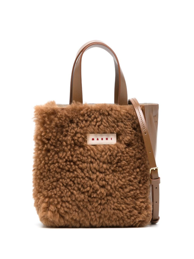 Marni Shearling Logo Patch Tote Bag In Brown