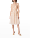 Carolina Herrera Sequin Floral Applique Illusion Dress In Blush