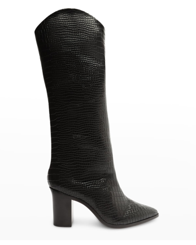 Schutz Maryana Black Croc-embossed Leather Knee-high High Heel Boots