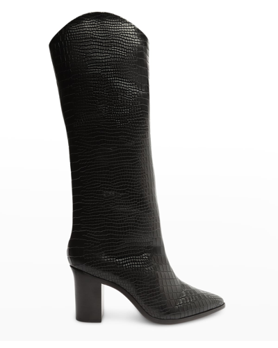 Schutz Maryana Black Croc-embossed Leather Knee-high High Heel Boots In Black Maryana