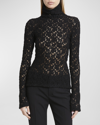 Chloé Turtleneck Long-sleeve Smocked Lace Top In Black