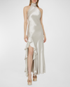 Milly Roux Ruffle Satin Halter Gown In Silver